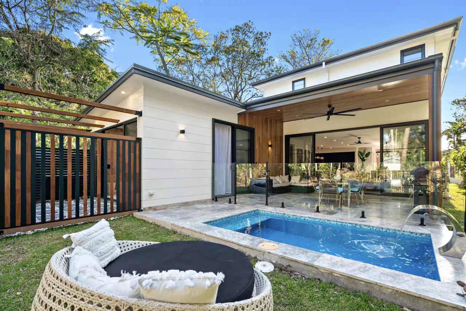 Retreat at Byron villa exterior with private plunge pool and covered outdoor lounge